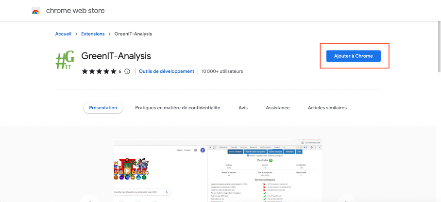 Page d'installation du plugin GreenIT-Analysis sur le Chrome Web Store