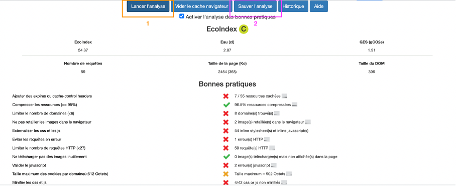 Boutons Lancer l'analyse et Sauver l'analyse pour un parcours